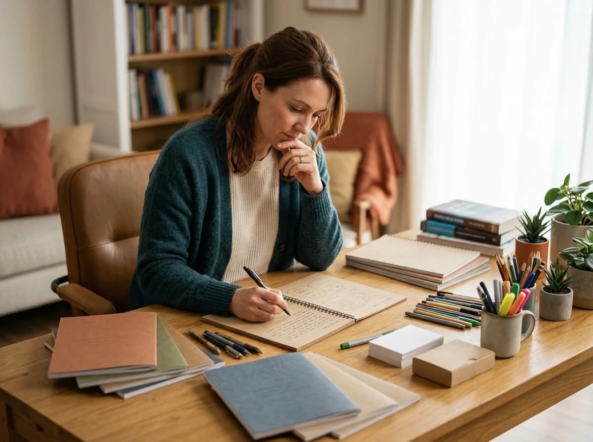 A psychologist writing in a workbook, surrounded by self-help resources, pens, and paper.