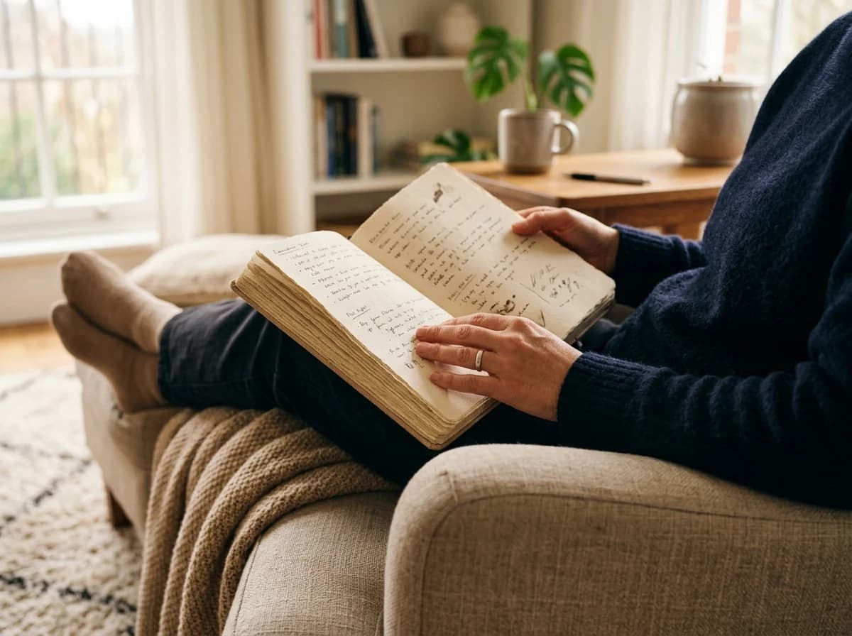 Person's hands holding an open guided journal in a comfortable, sunlit home setting.