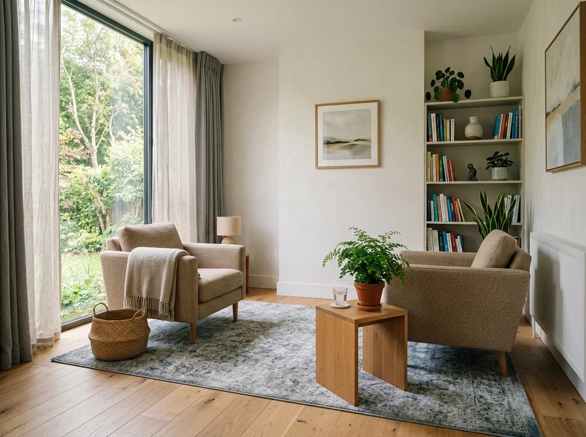 Soft focus shot of a bright, minimalist therapy room with two comfortable chairs and a small table.