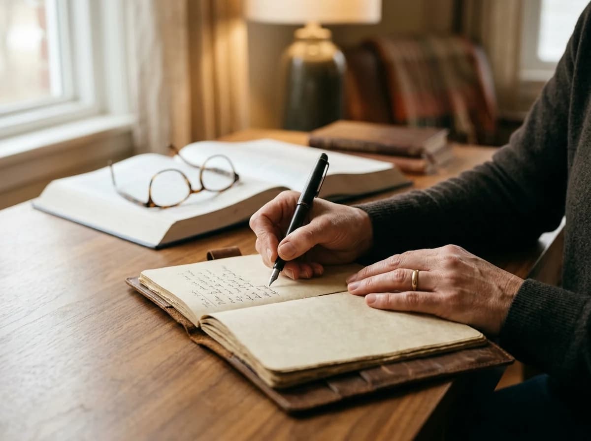 Hands of a therapist writing in a journal with an open psychology textbook in the background.