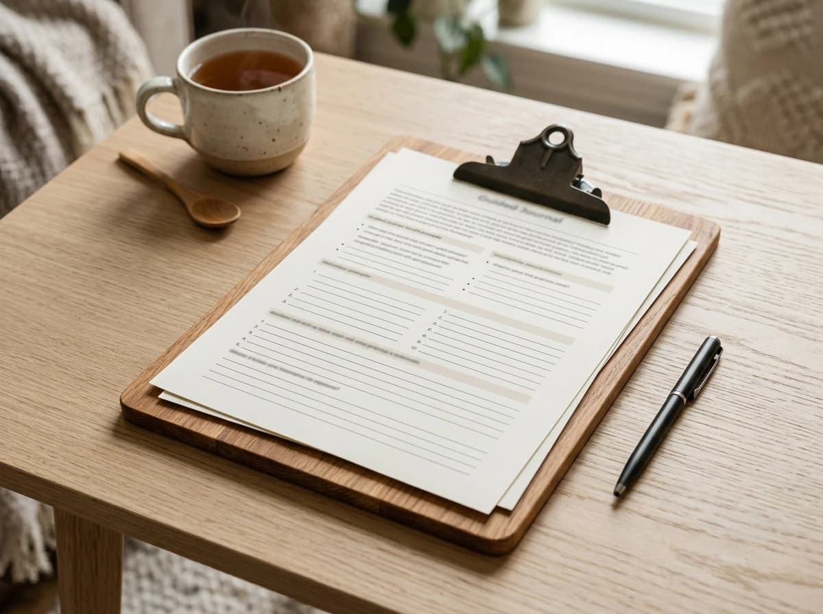 Close-up of a clipboard with printed therapy worksheets, a pen, and a warm beverage.