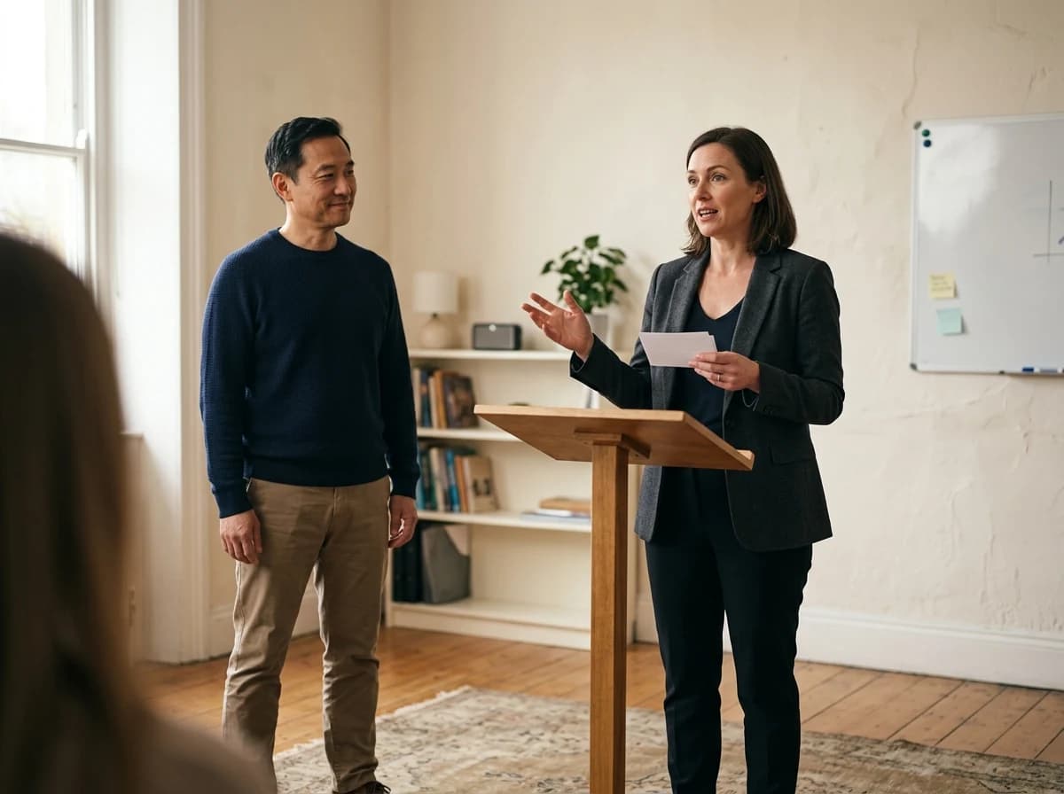 Adult public speaking coach observing a client giving a mock presentation in a practice room.