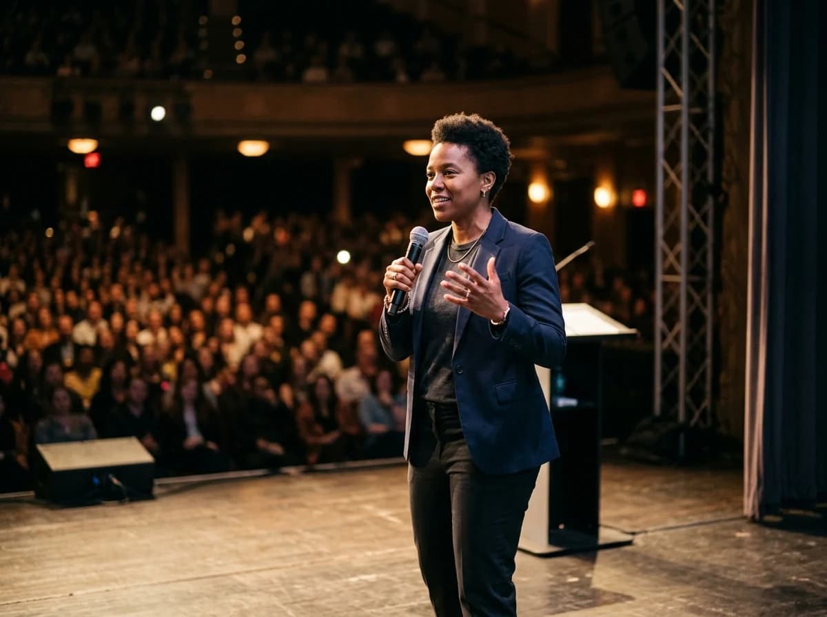 Adult speaker confidently addressing an unseen audience from a well-lit stage.