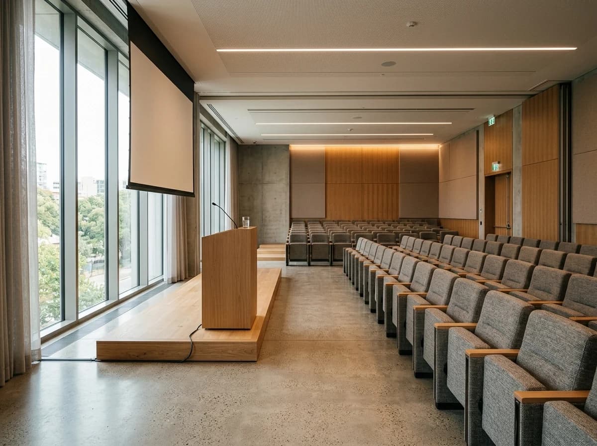 Empty modern presentation room with a podium, projector screen, and comfortable seating.
