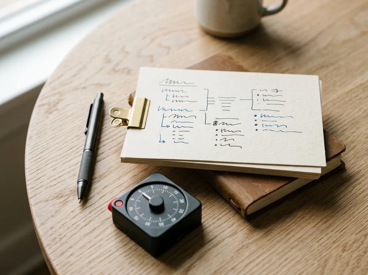 Neatly organized speech notes on index cards next to a pen and a small timer.