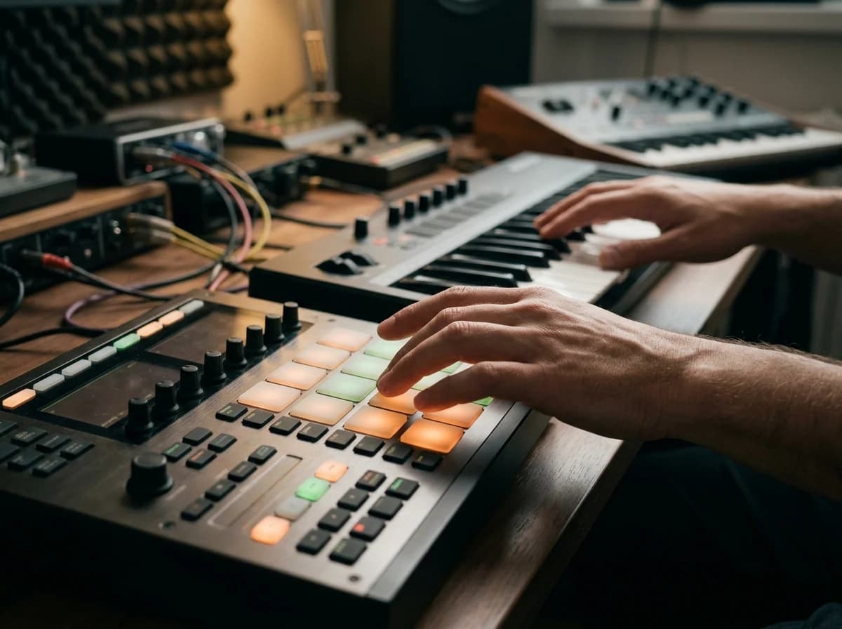 Close-up of a producer's hands interacting with a drum machine and MIDI keyboard.