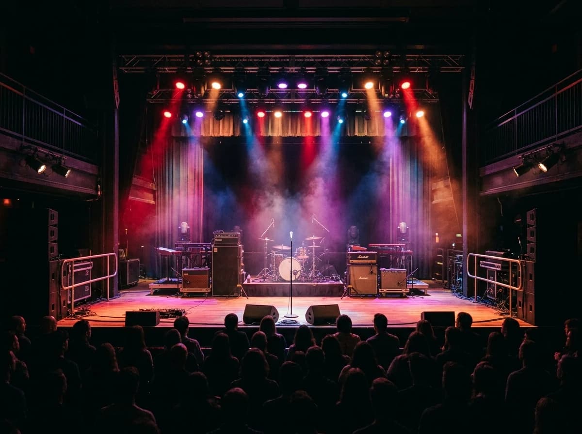 Dramatic shot of an empty concert stage with vibrant, swirling spotlights and haze.