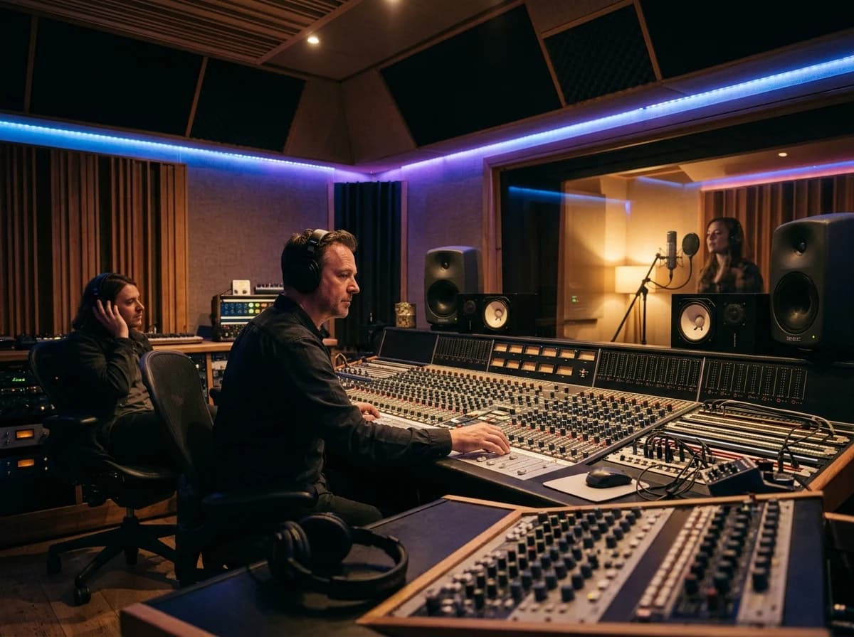 Moody, ambient shot of a professional music recording studio with mixing console and mic.