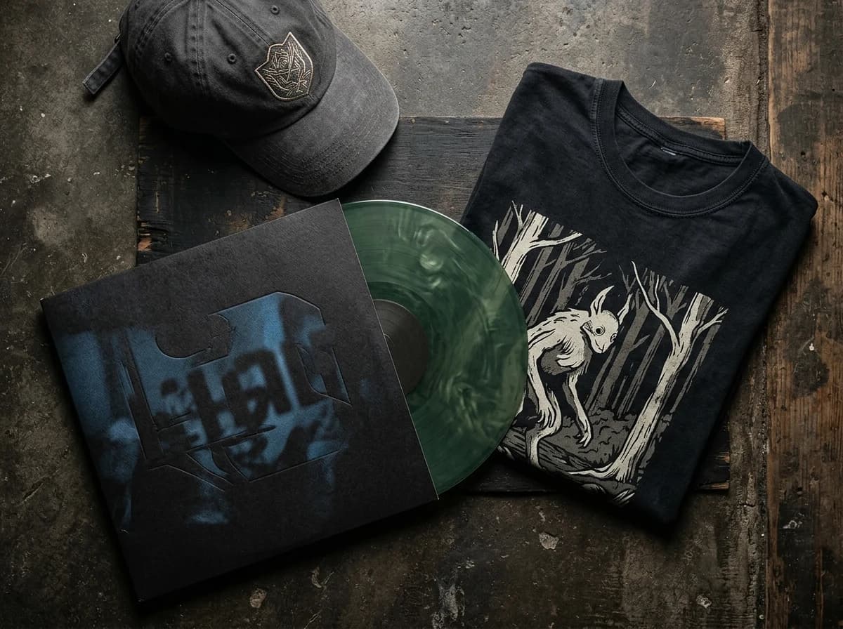 Stylized flat lay of a limited edition vinyl record, custom t-shirt, and branded cap.