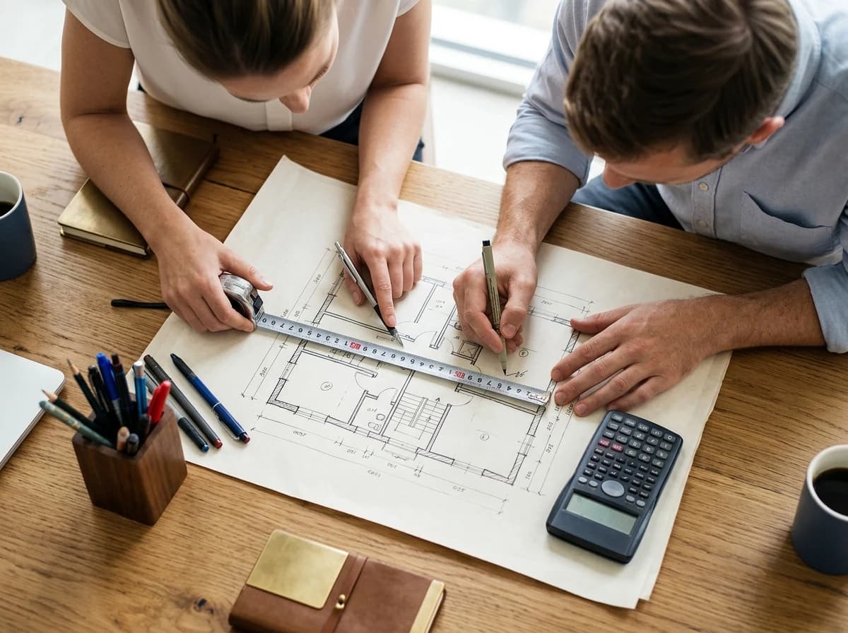 Close-up of an appraiser's hands taking measurements on a detailed floor plan sketch with a measuring tape