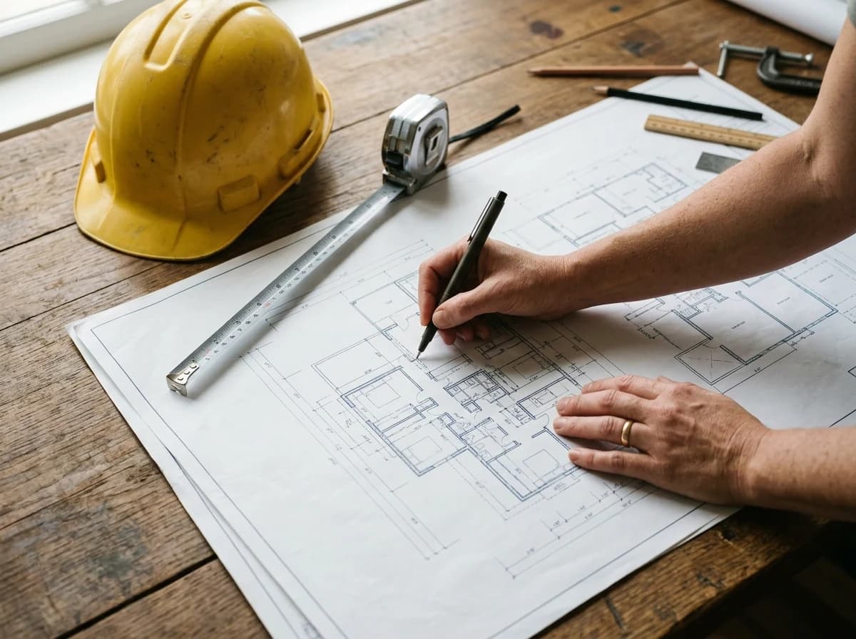 Architectural blueprints spread on a desk, with a yellow hard hat and measuring tape.
