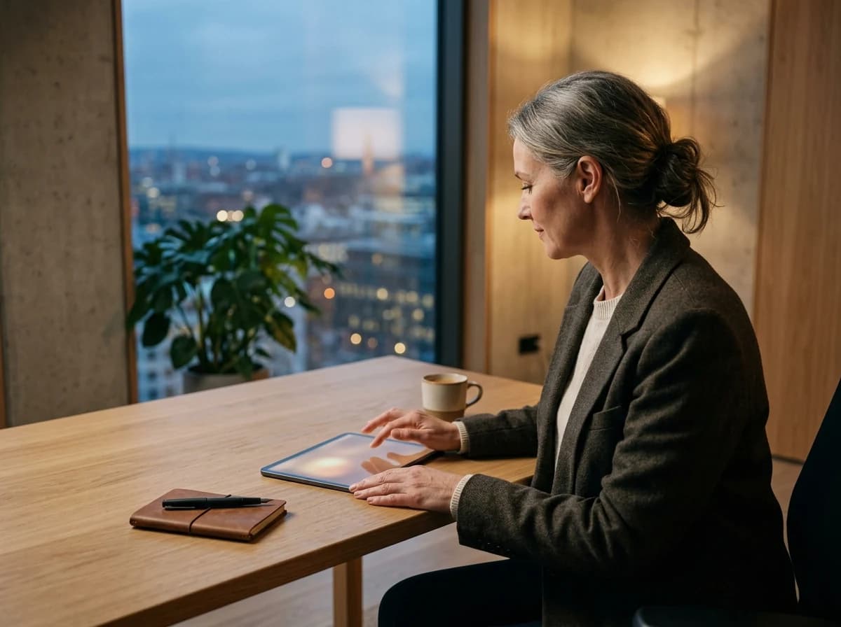 Professional investor reviewing a digital real estate portfolio on a tablet in a modern office.