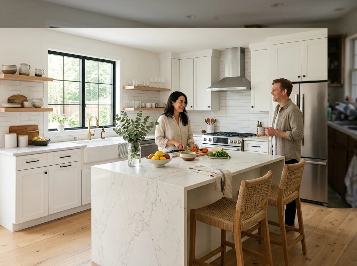 Bright, modern renovated kitchen with white cabinets, stainless steel appliances, and large island.
