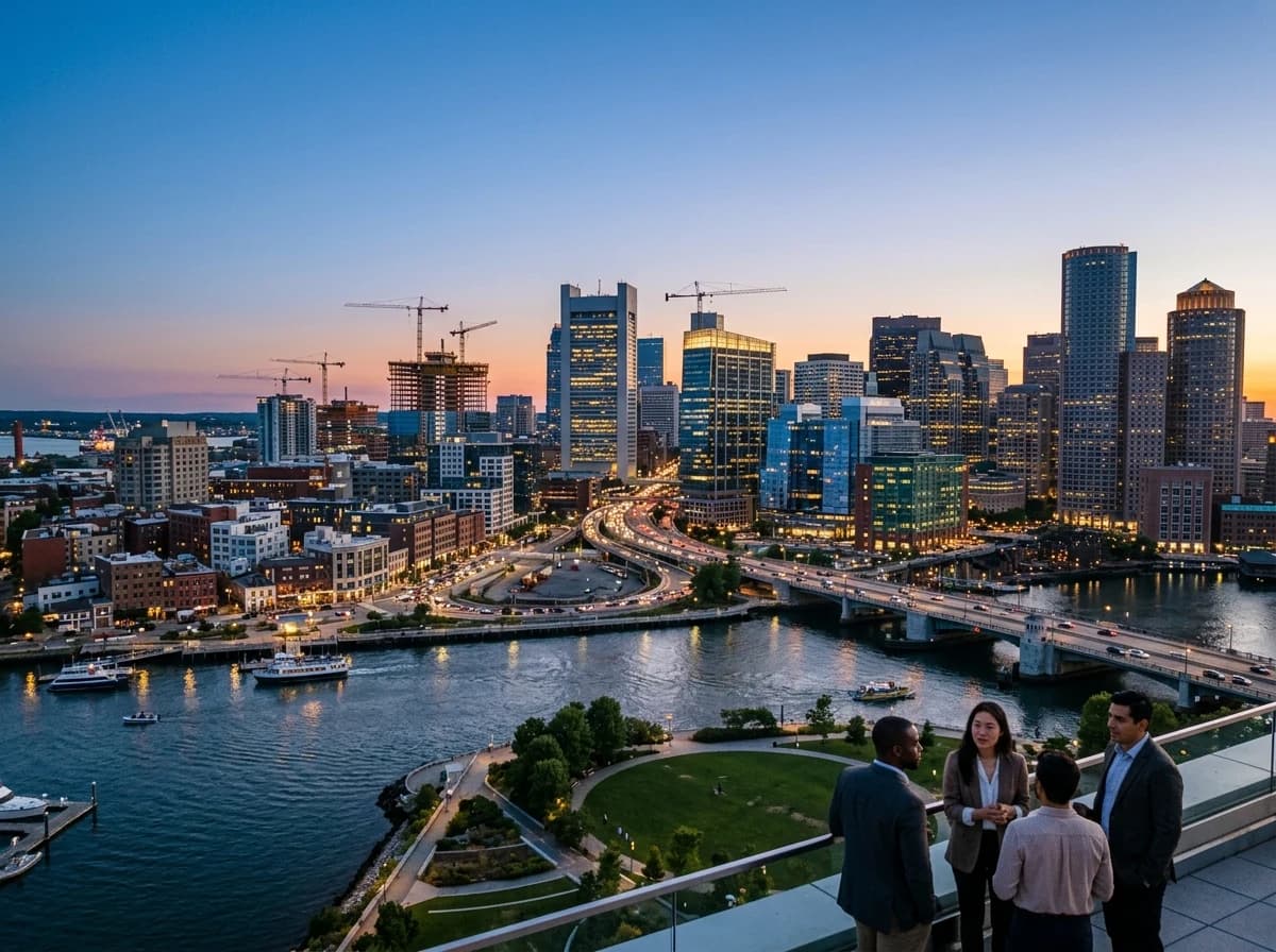 Wide shot of a modern urban skyline at dusk, diverse architectural styles and active construction cranes.