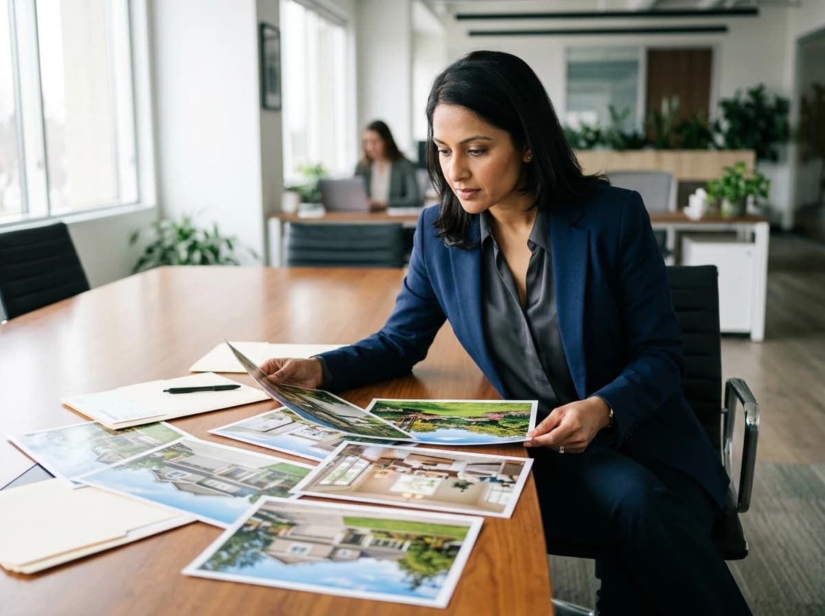 An adult real estate agent, dressed professionally, thoughtfully reviewing a set of high-quality printed property photographs spread on a conference table.