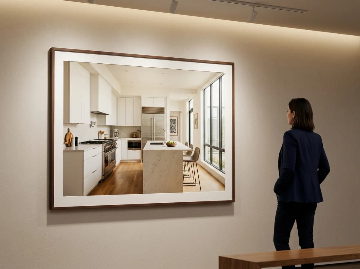A printed, framed large-format architectural photograph showcasing the interior of a sunlit, modern kitchen with crisp lines and vibrant details.