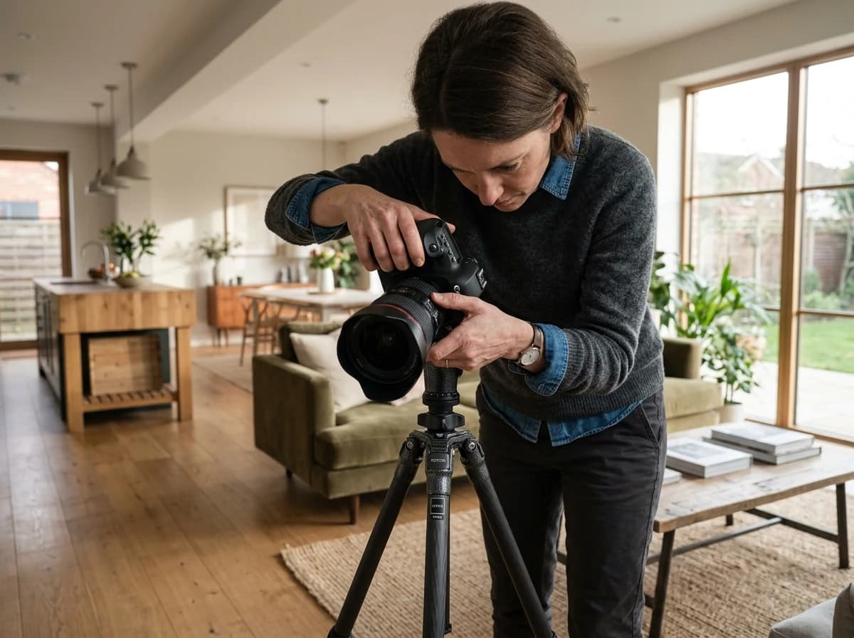 An adult real estate photographer, hands-on, adjusting camera settings on a tripod-mounted camera inside a well-lit living space.
