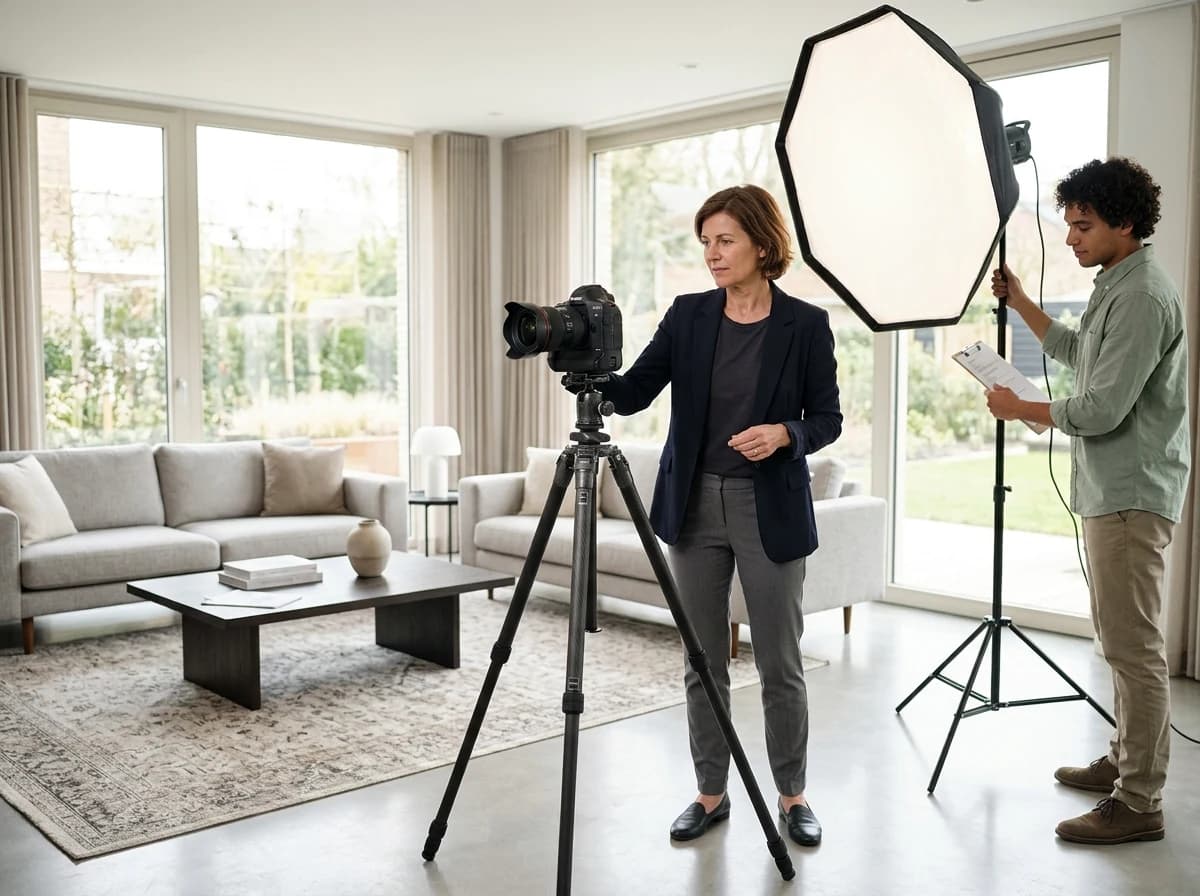 A professional real estate photographer's tripod, camera, and wide-angle lens set up in a clean, brightly lit modern living room, ready for a shoot.