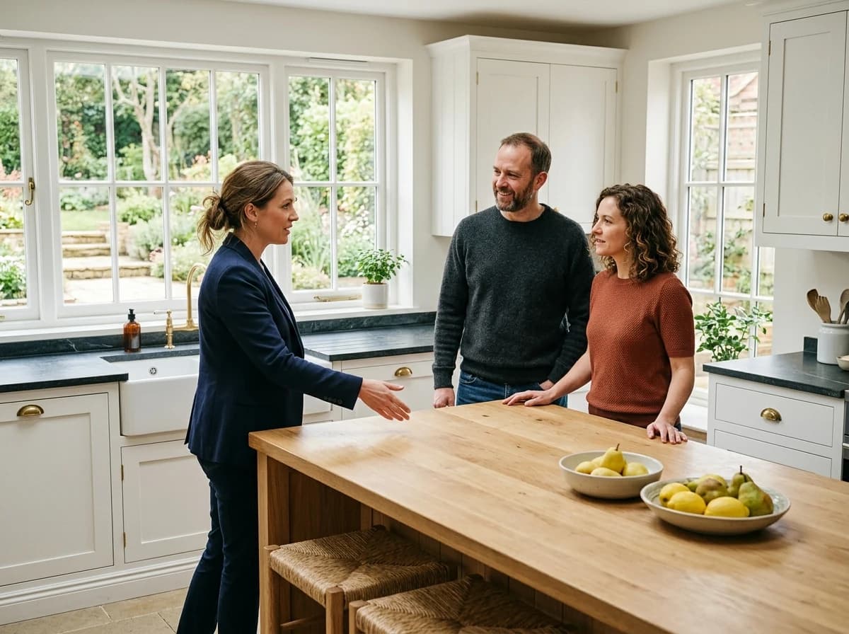 Real estate agent guiding two adult buyers through a bright kitchen with an oak island and garden views