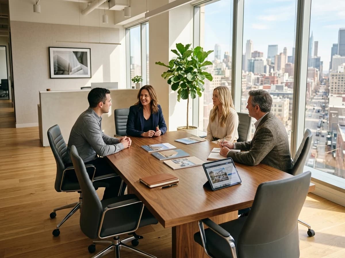 Well-lit, modern real estate office with a large table and comfortable chairs, ready for client meetings.