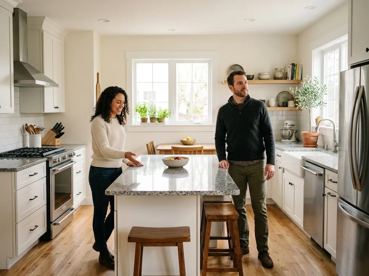 Happy couple exploring a spacious, modern kitchen in a new home, envisioning their future.