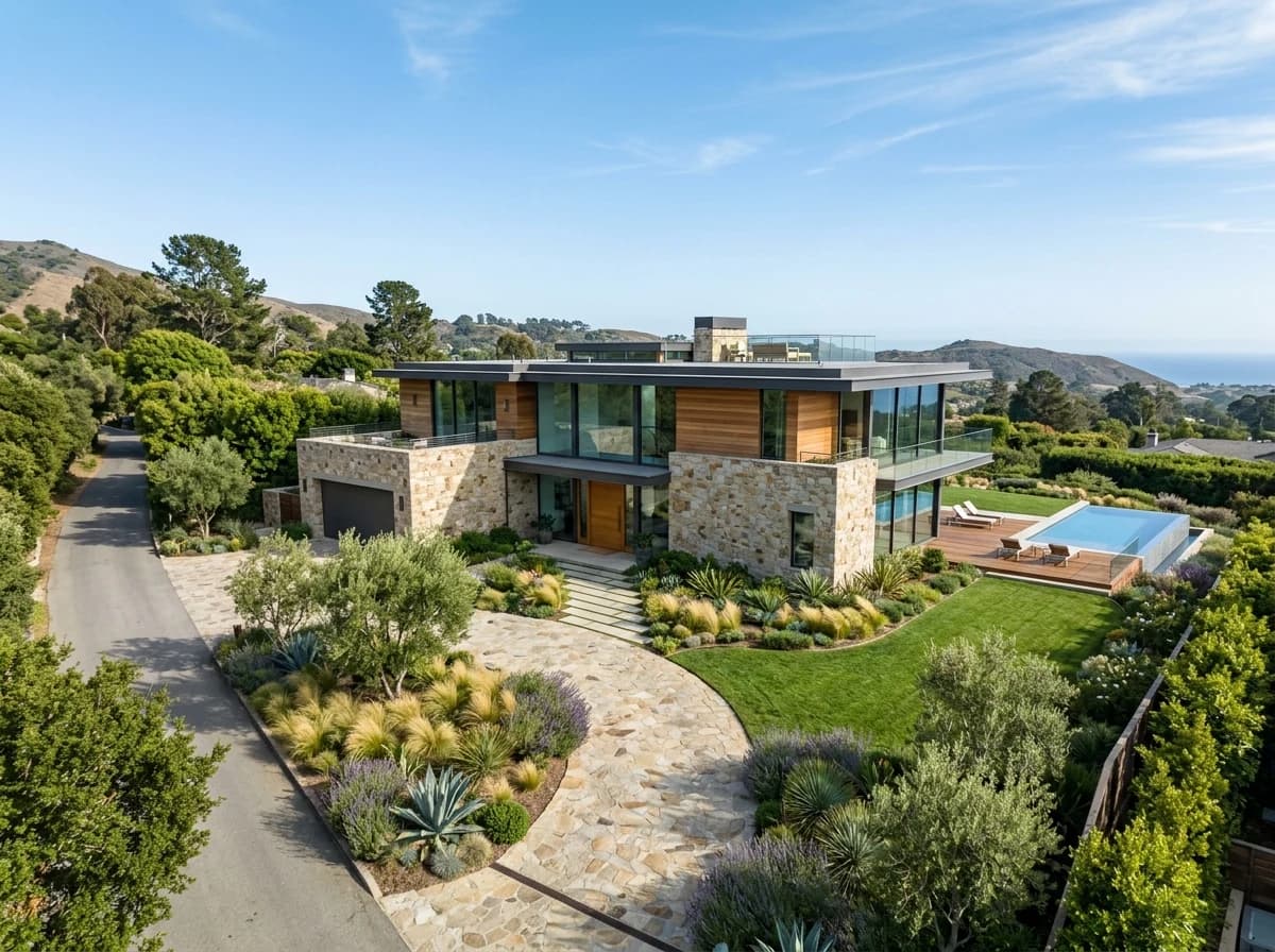 Stunning modern luxury home exterior with a meticulously landscaped garden and large glass windows.