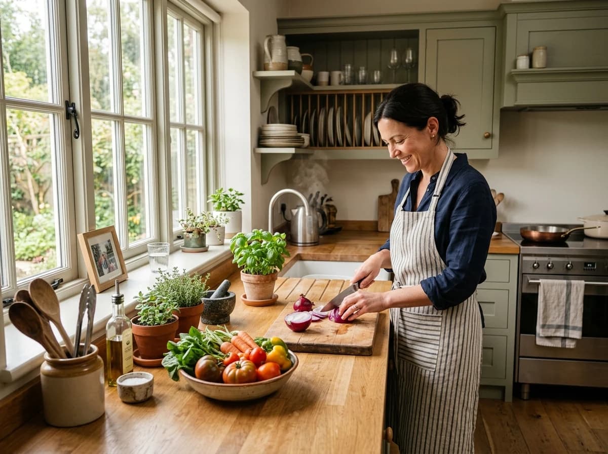 A warm, inviting home kitchen with natural light, showing various cooking utensils and ingredients.