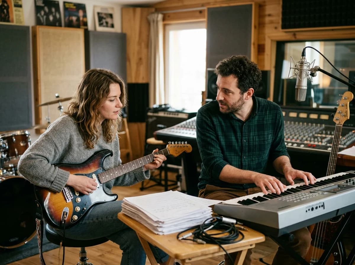 Two musicians, an adult man and woman, collaborating on a song in a vibrant studio setting.