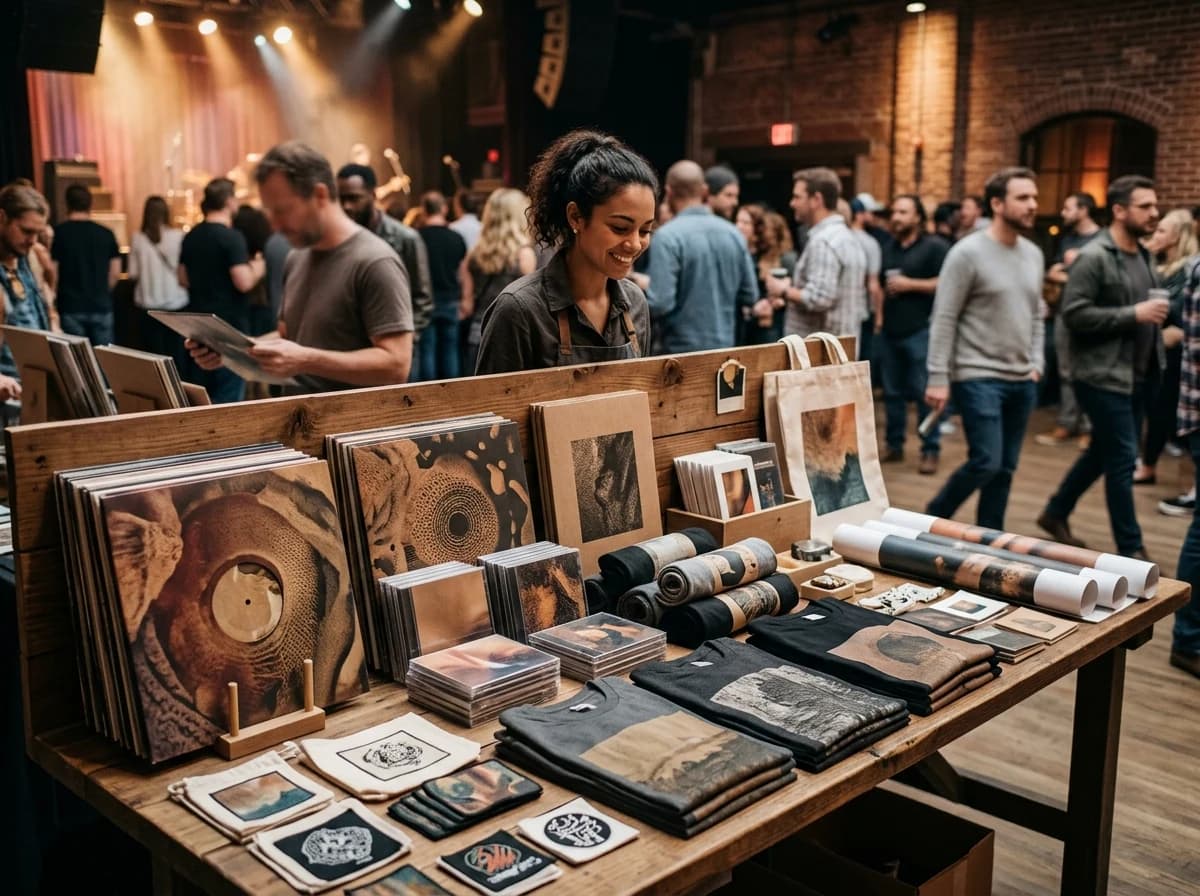 A neatly arranged display of band merchandise: t-shirts, CDs, and vinyl records at a venue.