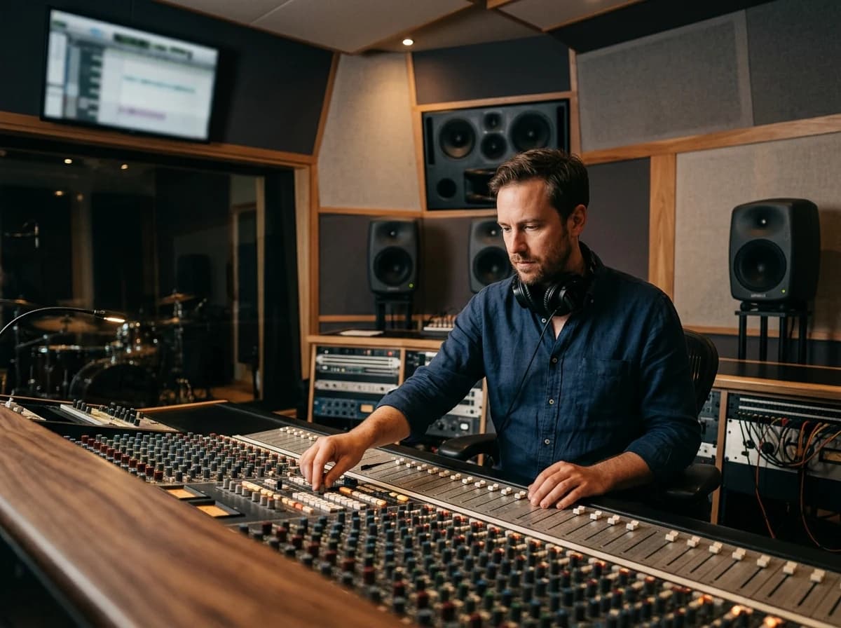 A professional recording studio control room with a mixing console and sound engineer.