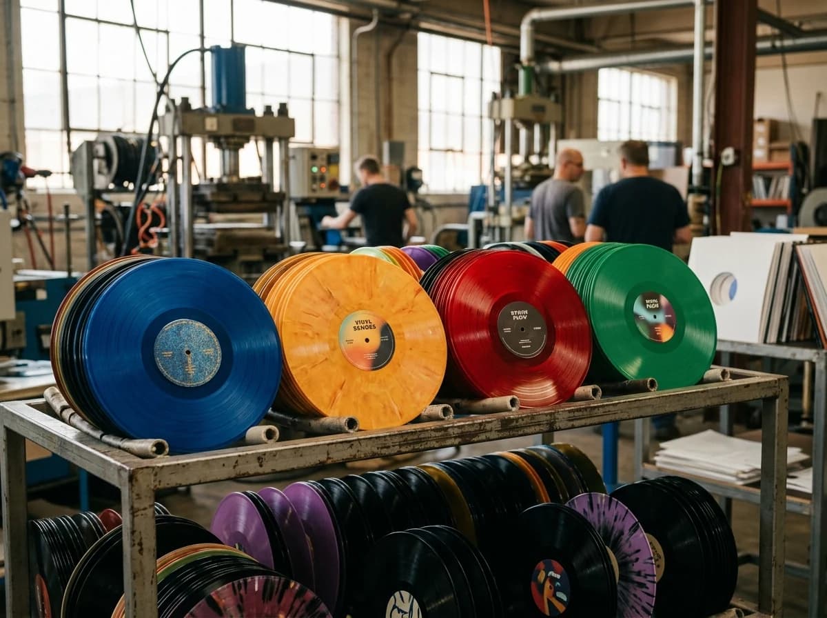 Freshly pressed vinyl records cooling on a rack, showcasing various colors and labels.