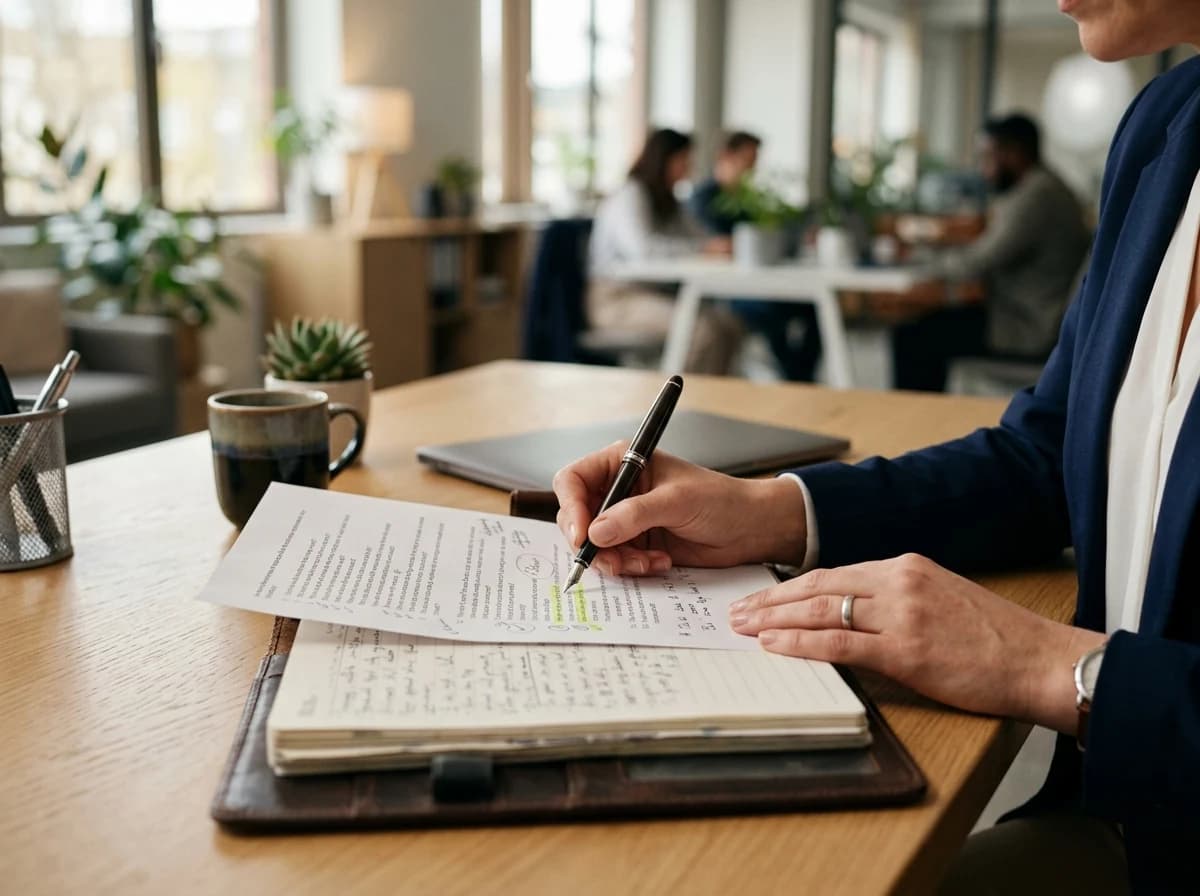 Recruiter's hands reviewing interview questions and candidate notes before a meeting.