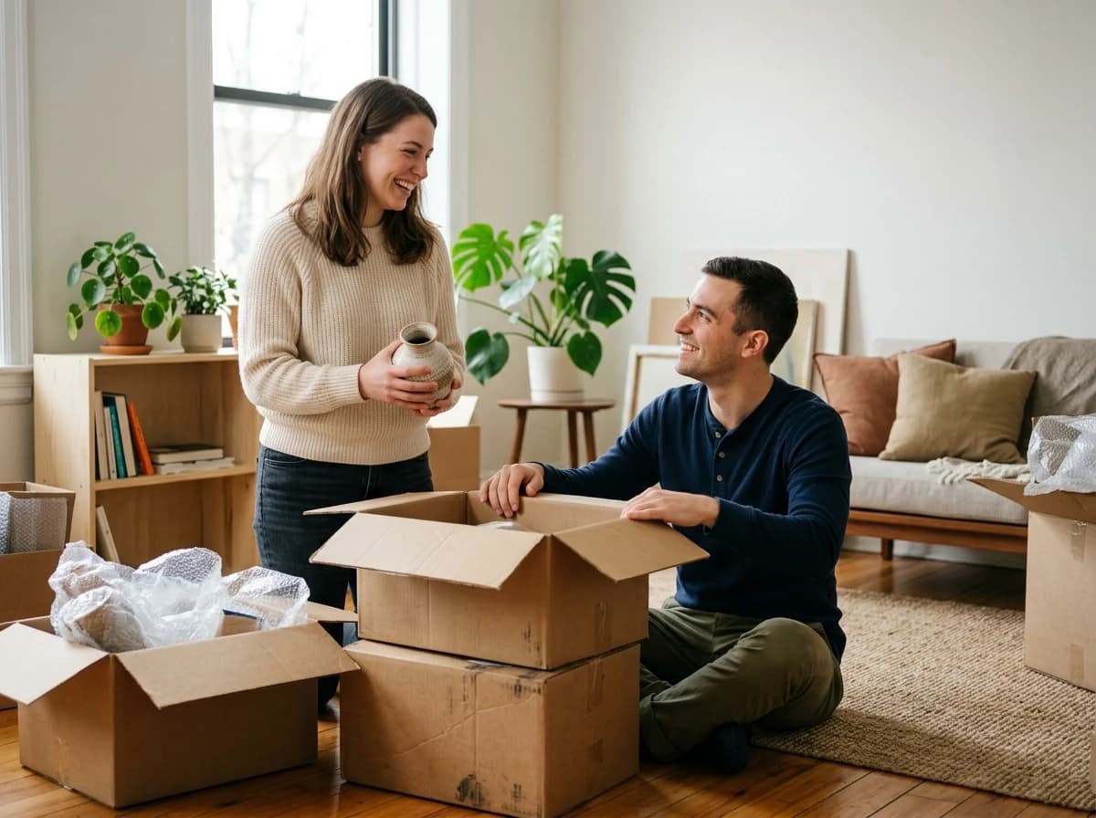 Two adults happily unboxing belongings in a bright, partially furnished new apartment.