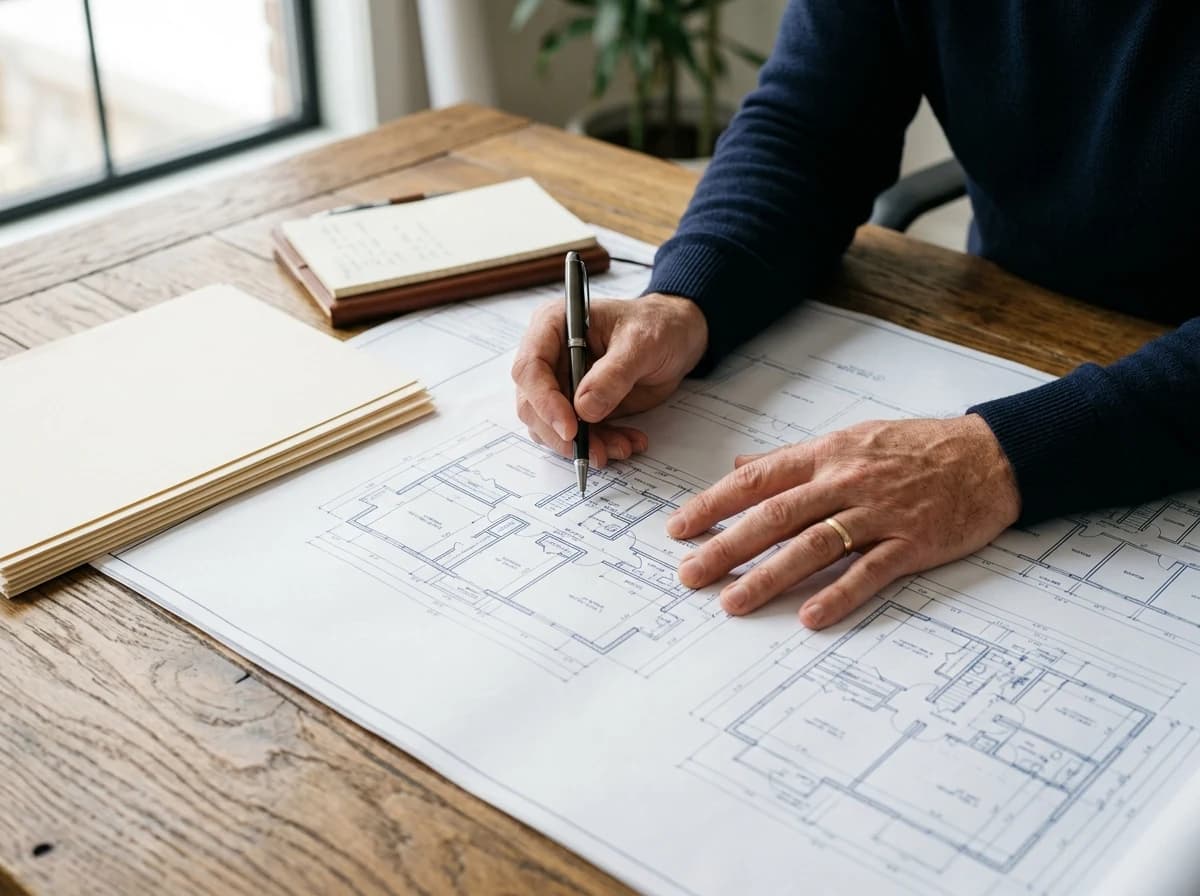 Hands of a landlord reviewing architectural blueprints and notes on a large desk.