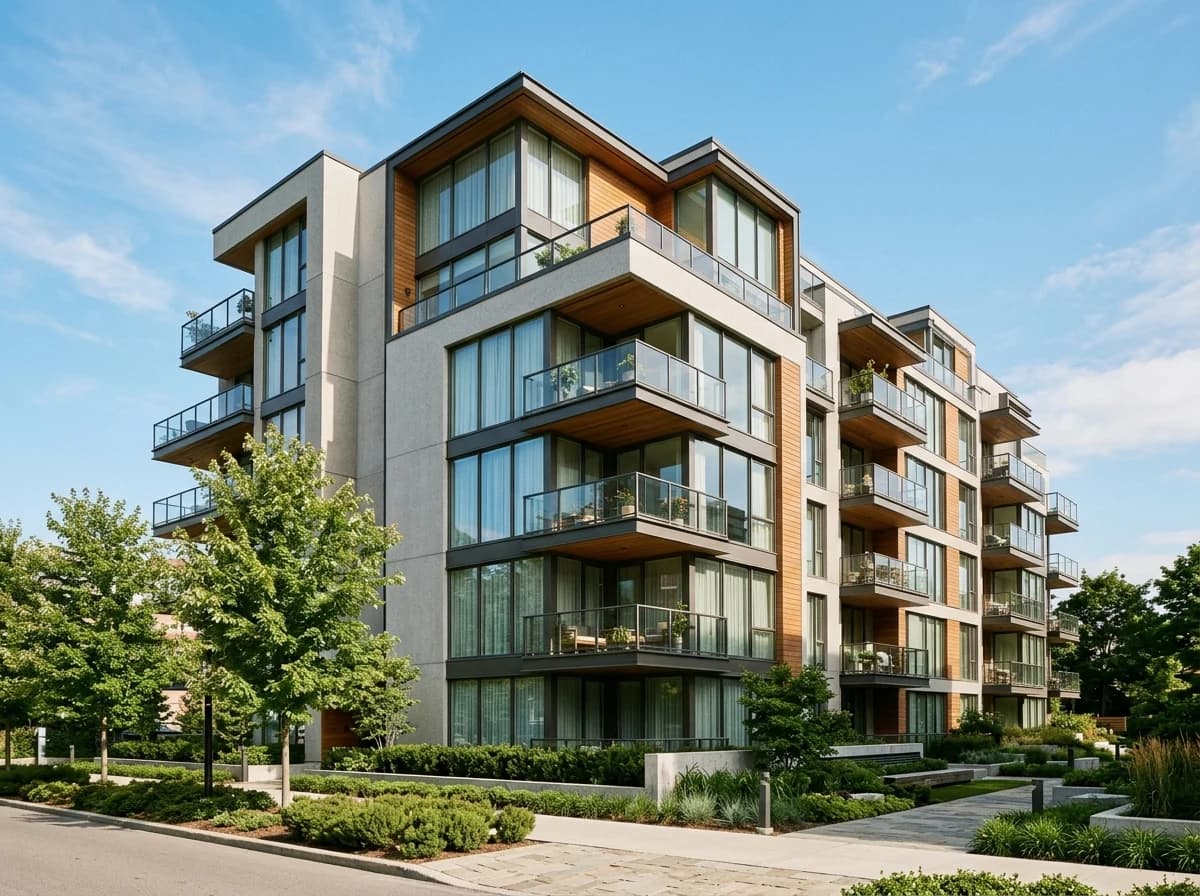 Exterior shot of a modern apartment building with balconies and large windows on a sunny day.