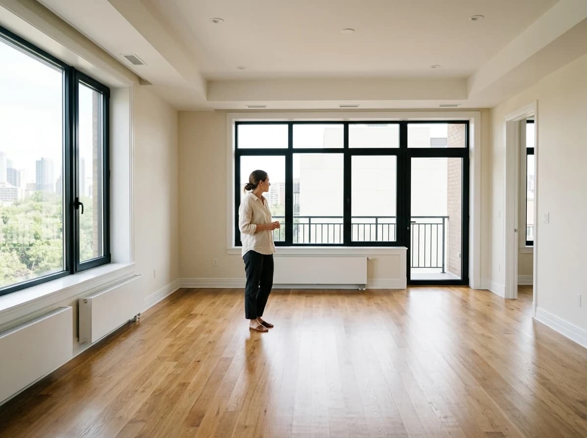 Interior shot of a clean, unfurnished living room with large windows, ready for rent.