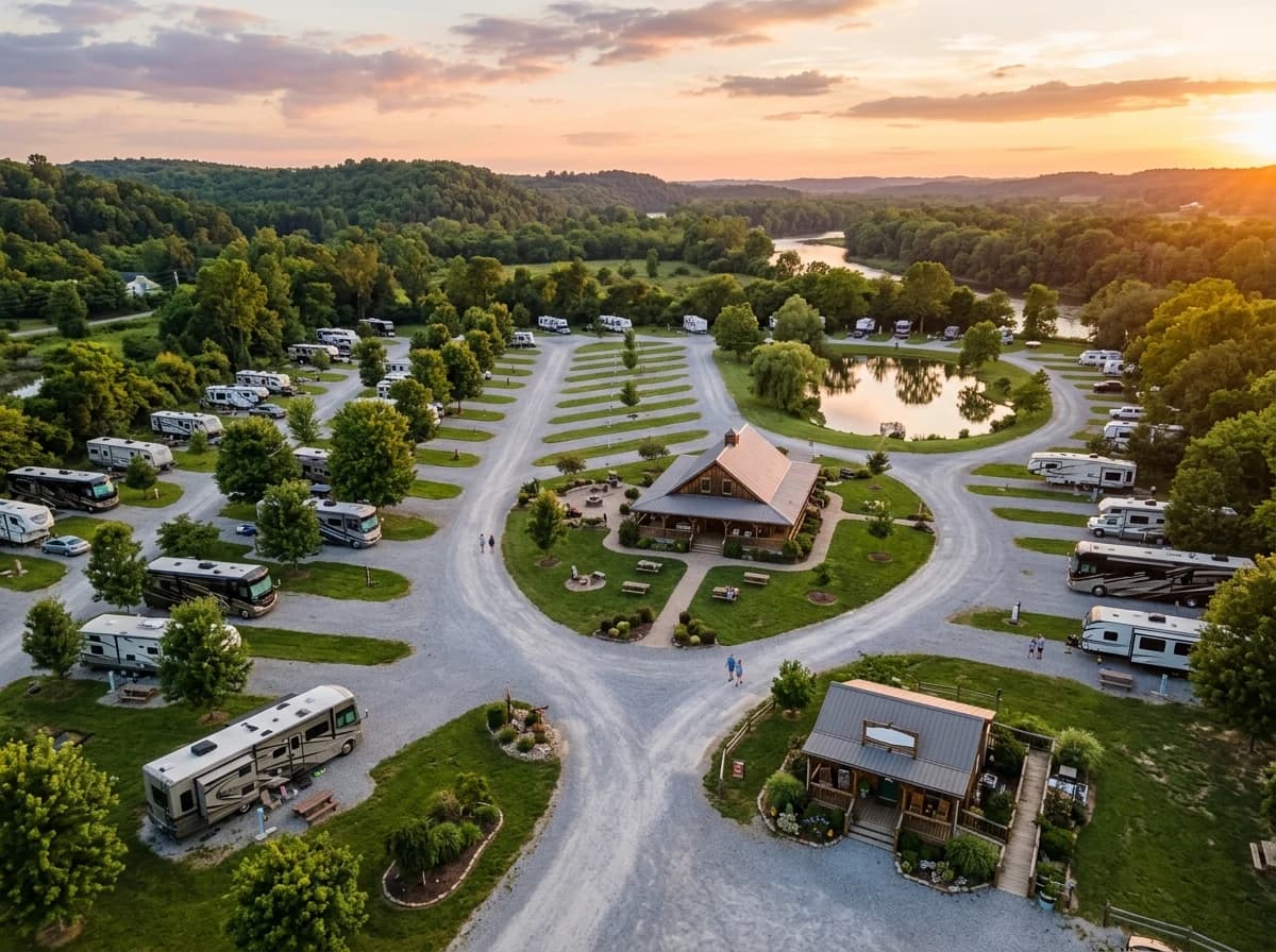 Aerial drone view of a well-maintained RV park with various sized sites, some with pull-throughs.