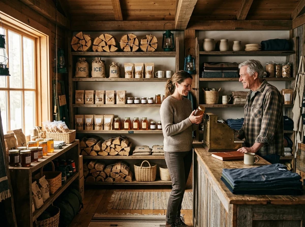 Interior of a rustic yet tidy camp store, shelves stocked with firewood, snacks, and local crafts.