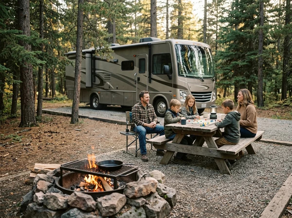 A family enjoying their RV campsite, with a campfire, picnic table, and children playing nearby.
