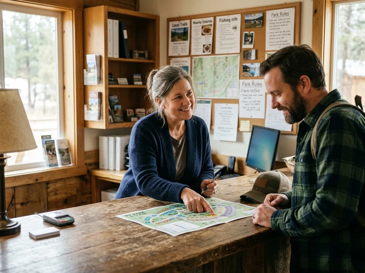 An RV park owner, a friendly middle-aged woman, consults with a guest holding a site map.