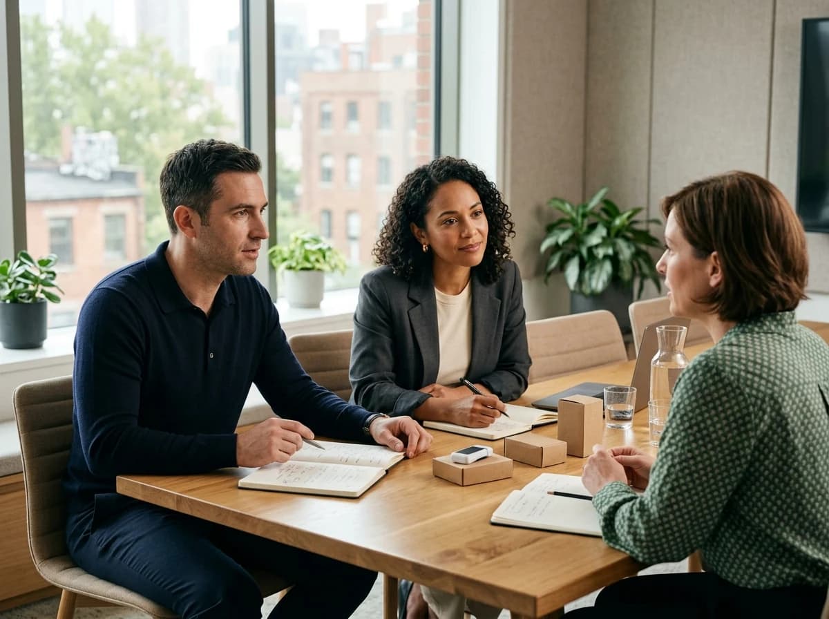 Two business professionals discussing a project with a client in a modern, sunlit meeting room.