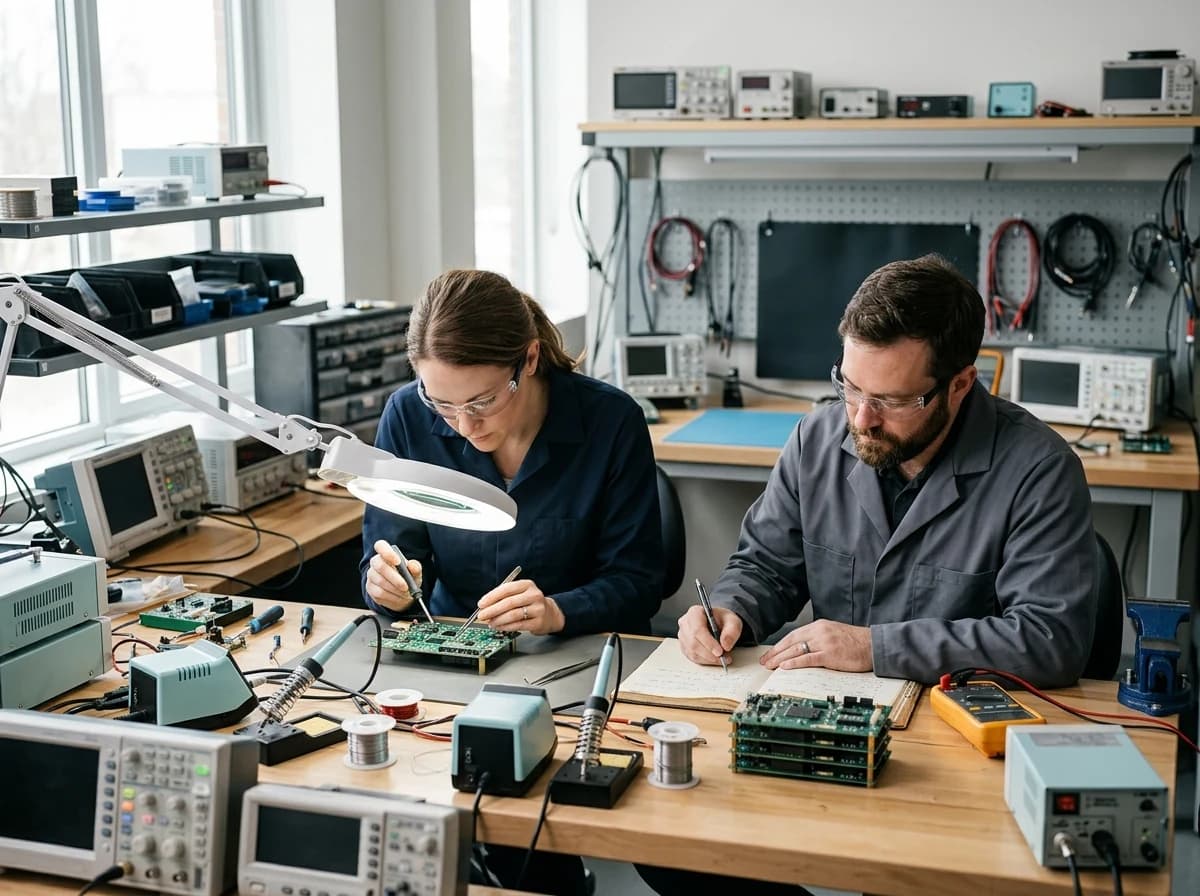 Two engineers working with circuit boards and specialized equipment in a clean, organized hardware lab.