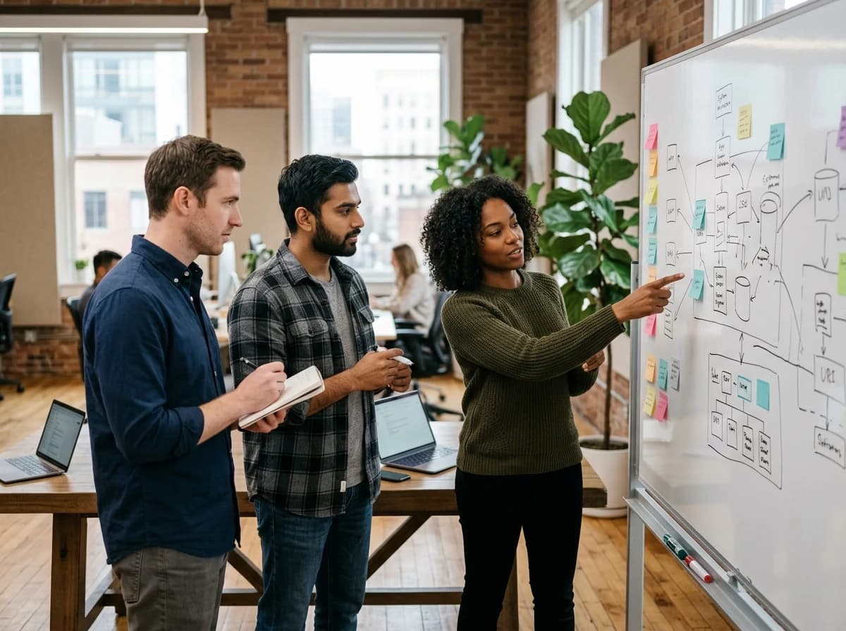 Diverse team of software engineers collaborating around a whiteboard, discussing tangible product features.