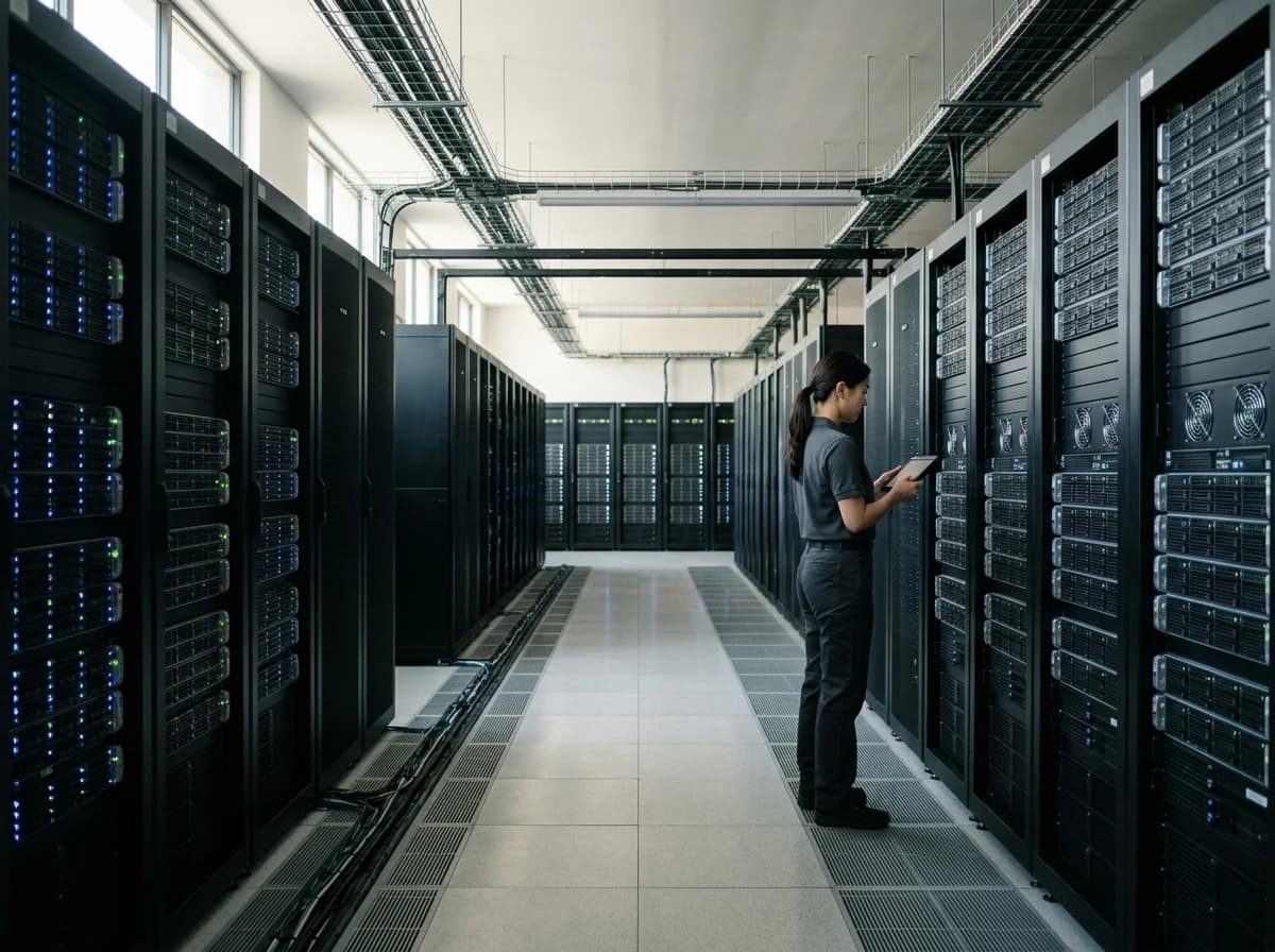 Rows of glowing server racks in a clean, modern data center, representing robust infrastructure.