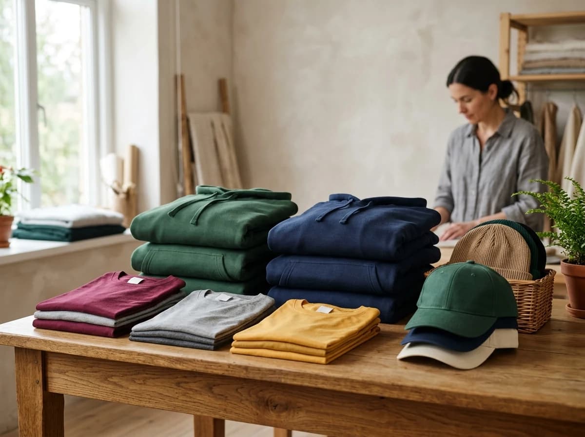 Neatly folded school hoodies and t-shirts on a wooden table, ready for sale.