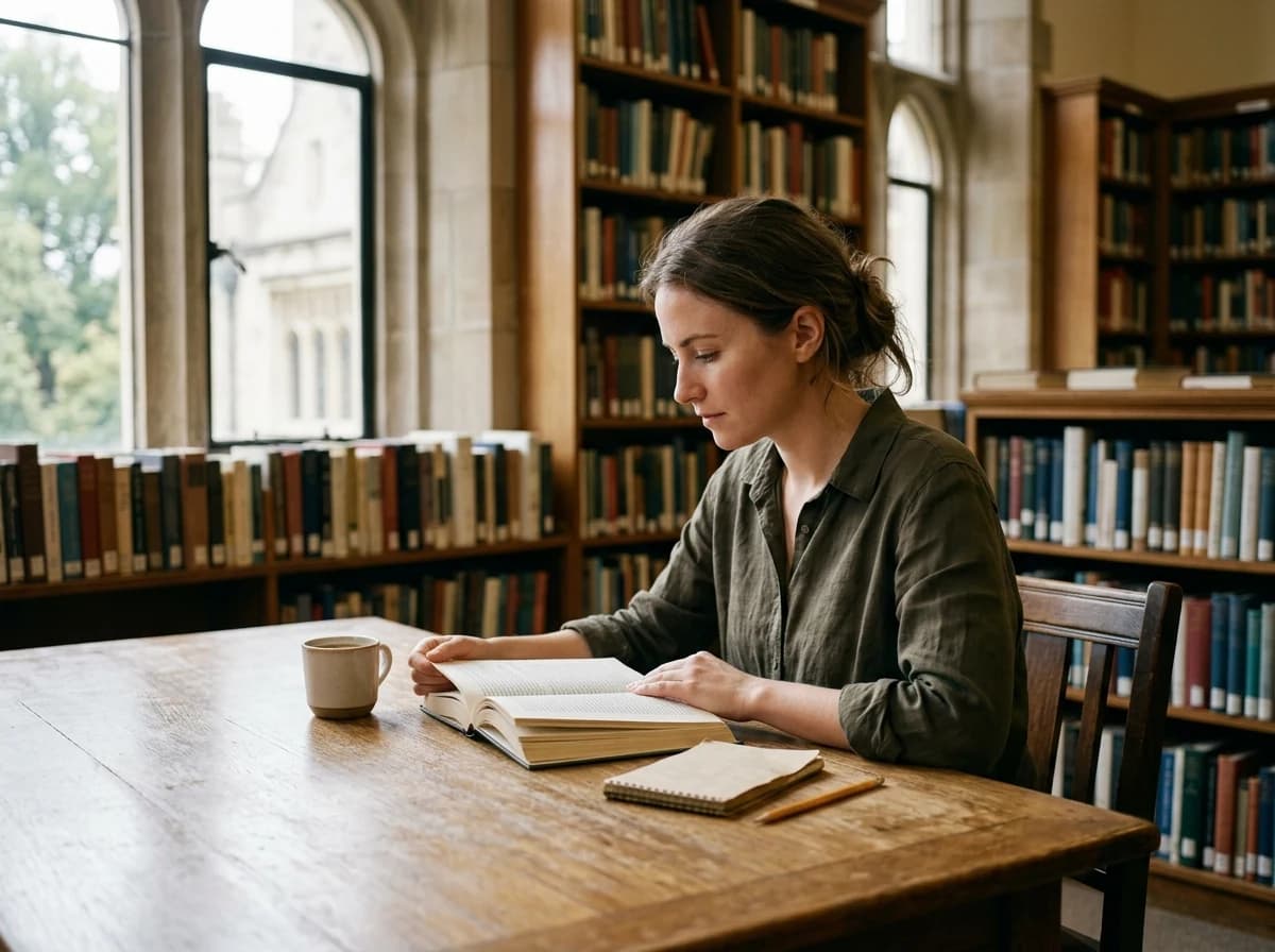 Adult student focused on reading a book in a sunlit, quiet school library.