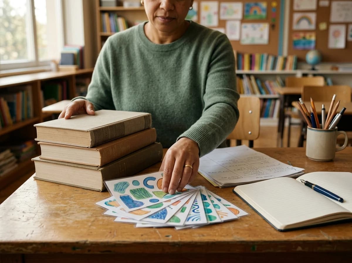Teacher organizing educational materials and lesson plans at a desk.