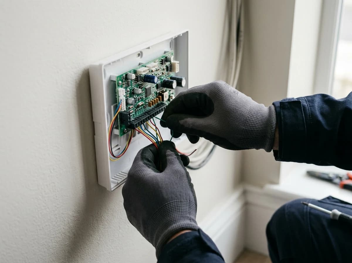 Close-up of a security technician's hands carefully connecting wires to the circuit board of a new, mounted home alarm system panel.