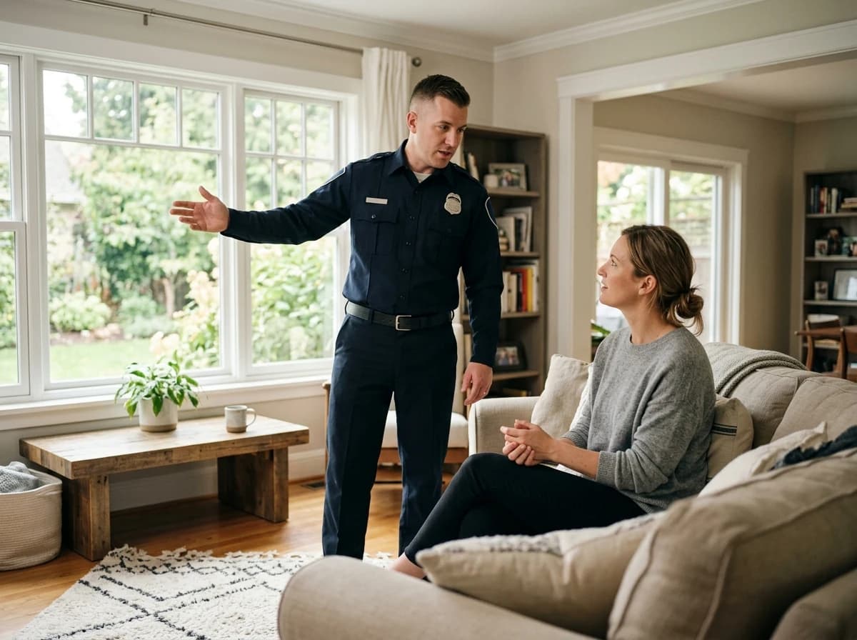 A security consultant in uniform discussing security options with a homeowner in their well-maintained living room, gesturing towards a window.