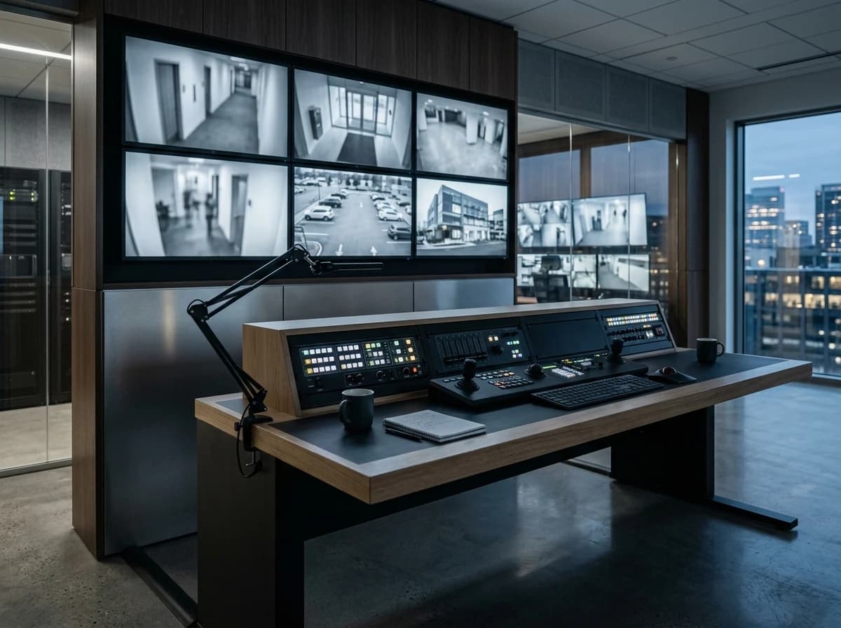 Empty, modern security command center with multiple large monitors displaying muted, non-identifiable surveillance feeds and a control panel.